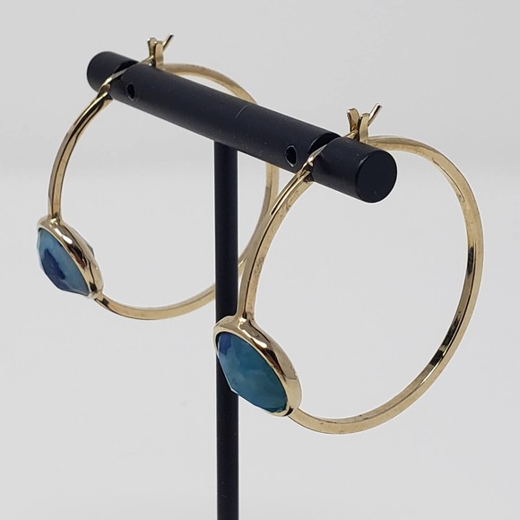 Gold Tone Faceted Blue Stone Hoop Earrings Jewelry - Picture 3 of 5